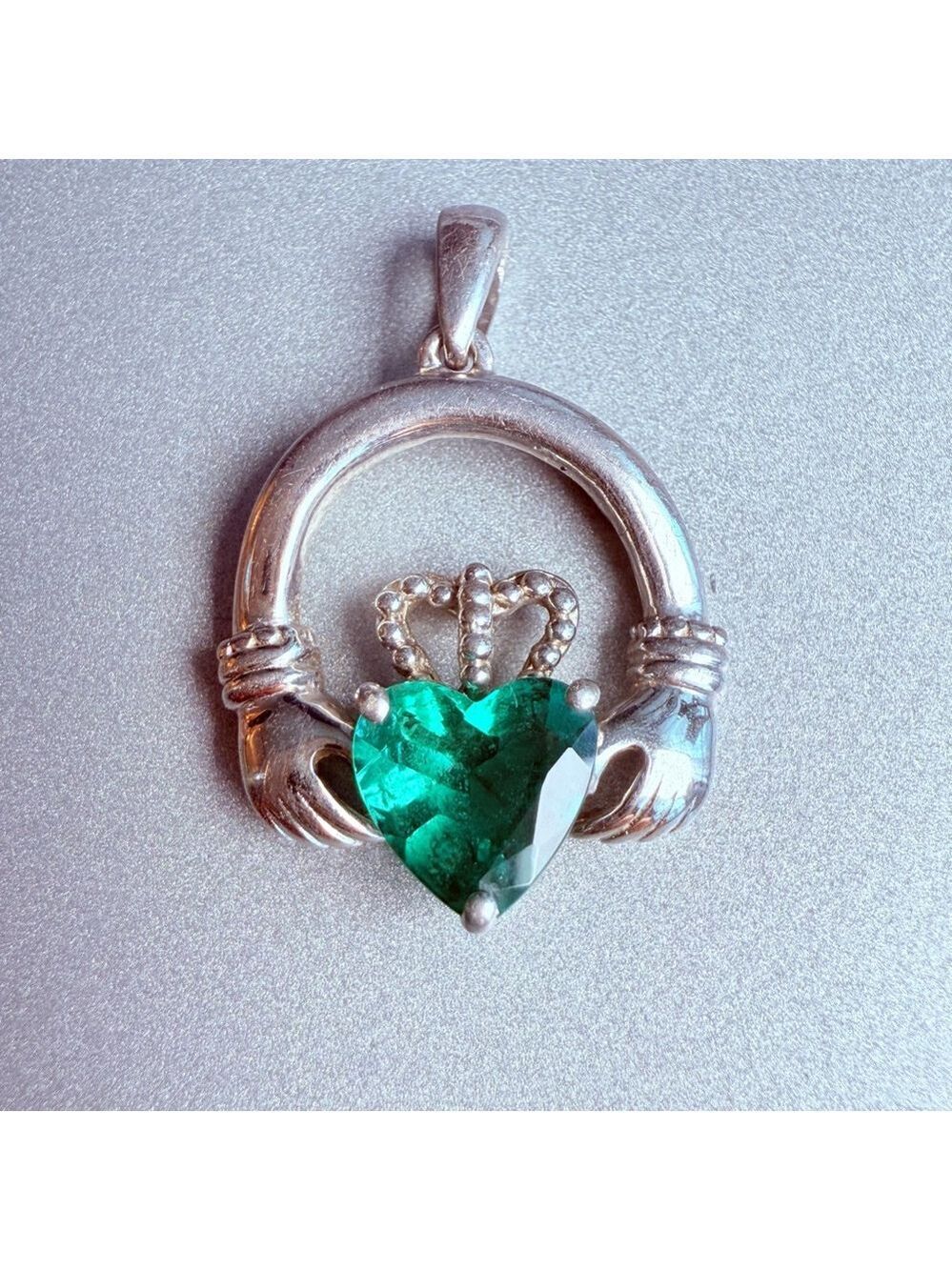 Irish Claddagh Hands Heart .75 CT Emerald Sterling Silver 925 Charm Pendant